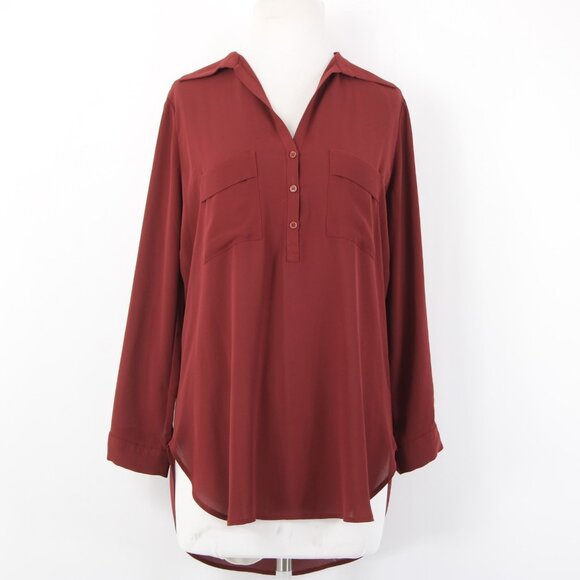 Pleione Top Sz XS Burgundy Red Collared Hi Lo Buttons 100% Polyester Top - Picture 2 of 15